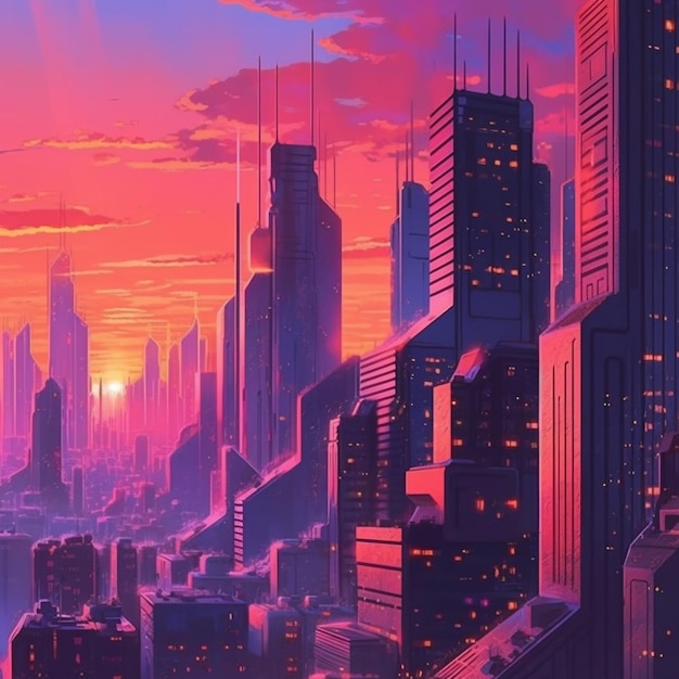 A close up of a city with a sunset in the background generative ai