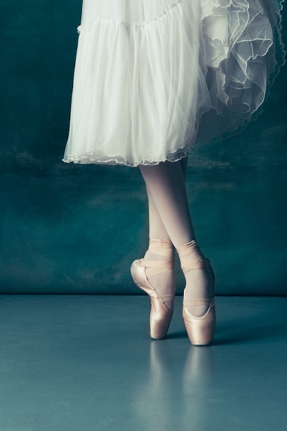 Close-up classic ballerinas legs in pointes on the gray wooden floor. Ballerina project with caucasian model. The ballet, dance, art, contemporary, choreography concept