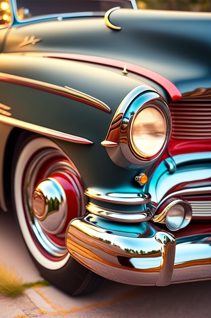 A close up of a classic car with the headlights off.