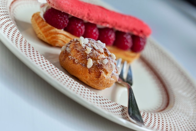 Close up of classic French cream desserts