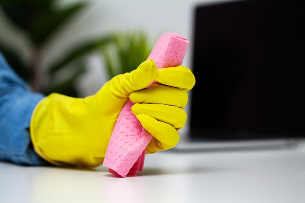 Close Up cleaning company worker hand holding sponge