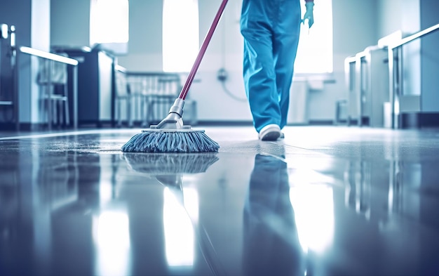 Close up cleaning staff cleans the floor of an operating room with a mop