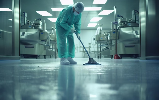 Close up cleaning staff cleans the floor of an operating room with a mop