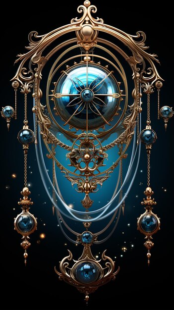 a close up of a clock with a blue background and a gold frame generative ai