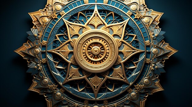 a close up of a clock with a gold and blue design generative ai