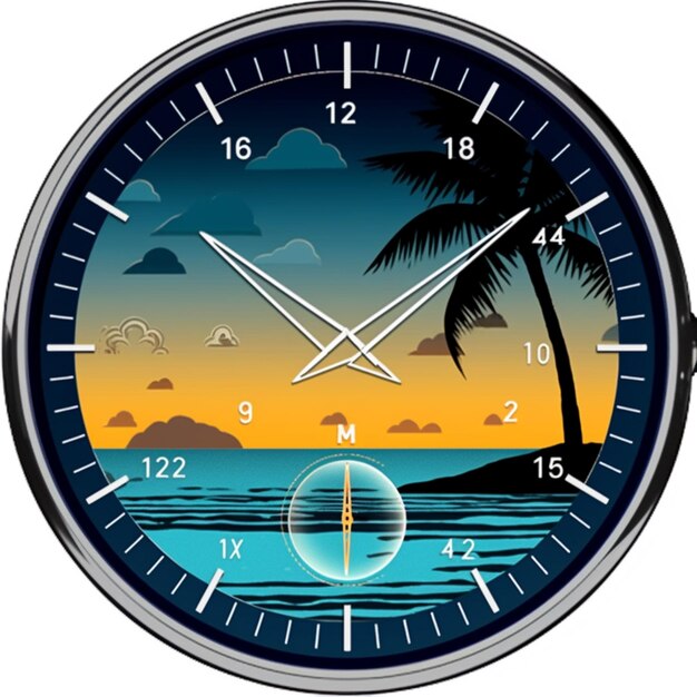 A close up of a clock with a palm tree on the beach generative ai