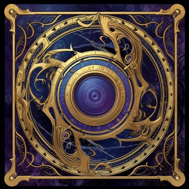 A close up of a clock with a purple and gold design generative ai