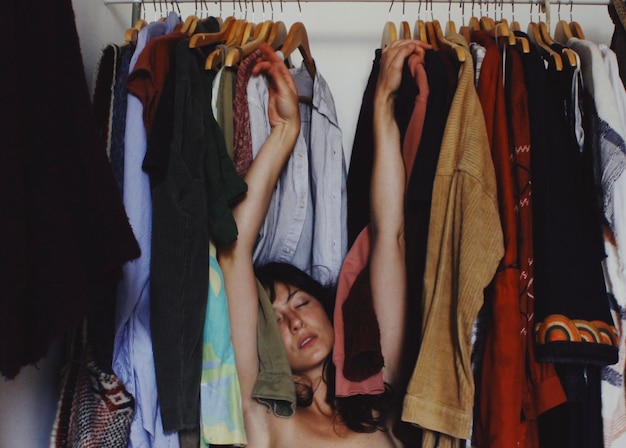 close-up of clothes hanging in store