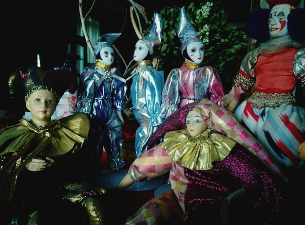 close-up of clowns statues