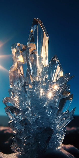 A close up of a cluster of crystals with the sun shining on them.