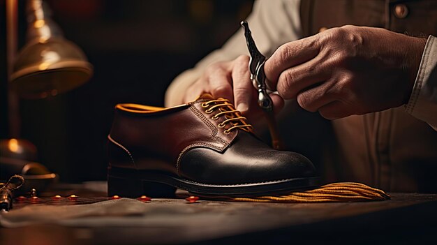 close up of a cobbler working with leather textile