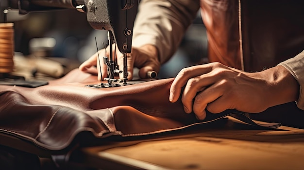 close up of a cobbler working with leather textile