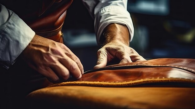 Photo close up of a cobbler working with leather textile