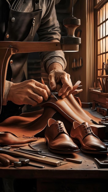 Close up of a cobbler working with leather