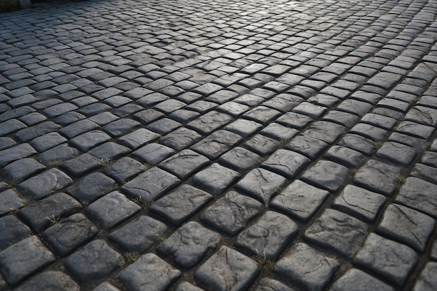 A close up of a cobblestone street with a light shining on it.