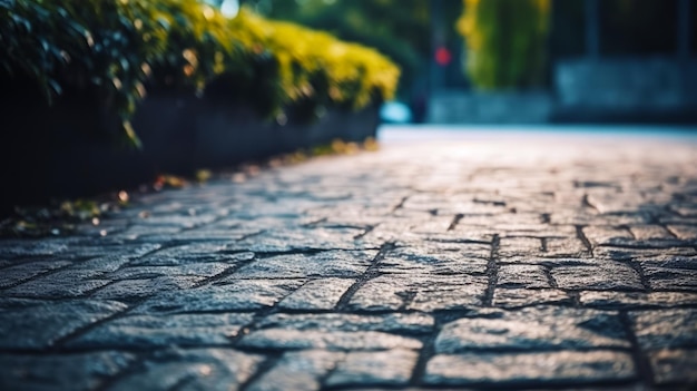 Close up of cobblestone street with trees in the background Generative AI