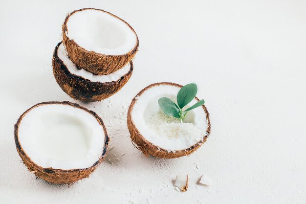 Primo piano di una noce di cocco su uno sfondo bianco