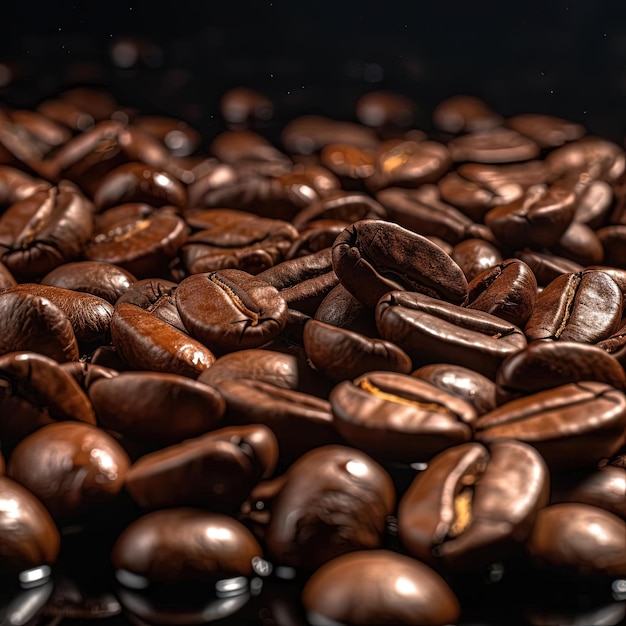 A close up of coffee beans on dark background