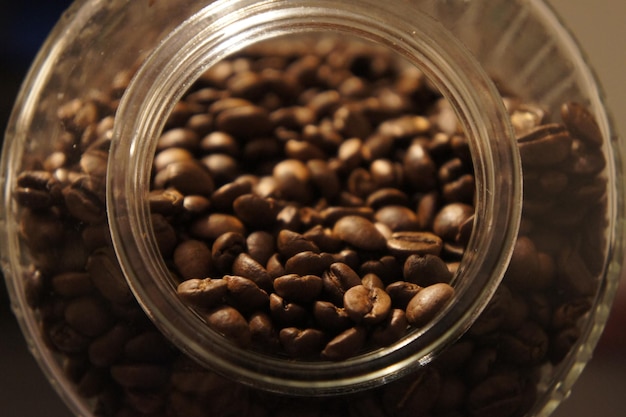 close-up of coffee beans in glass