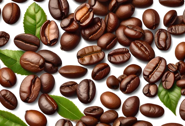 a close up of coffee beans and a green leaf