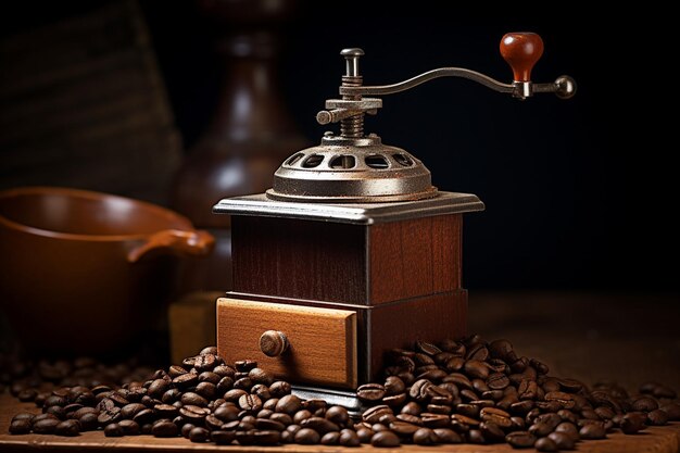 Photo close up of coffee beans in a grinder