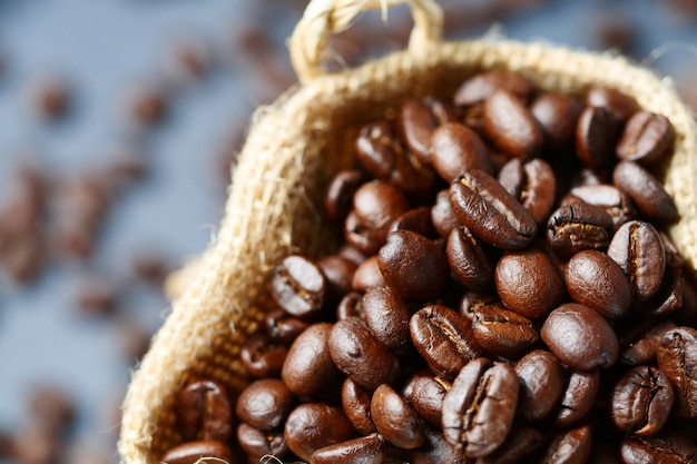 Close-up of Coffee beans in sack bag