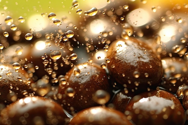 輝く水の泡を持つコーヒー豆の接写