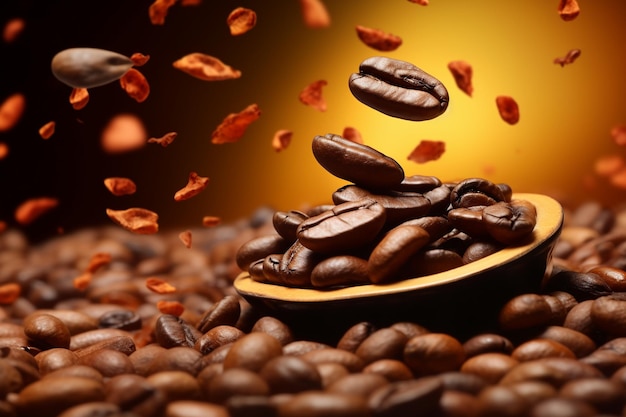 close up coffee beens levitate on a autumn theme background