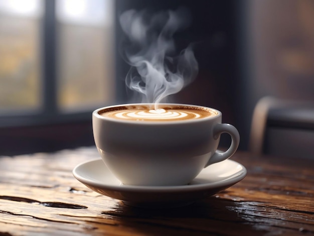 Close up coffee cup on wooden table steam rising generative ai