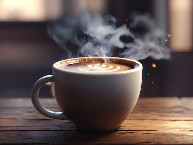 Close up coffee cup on wooden table steam rising generative ai