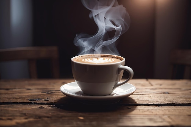 close up coffee cup on wooden table steam rising