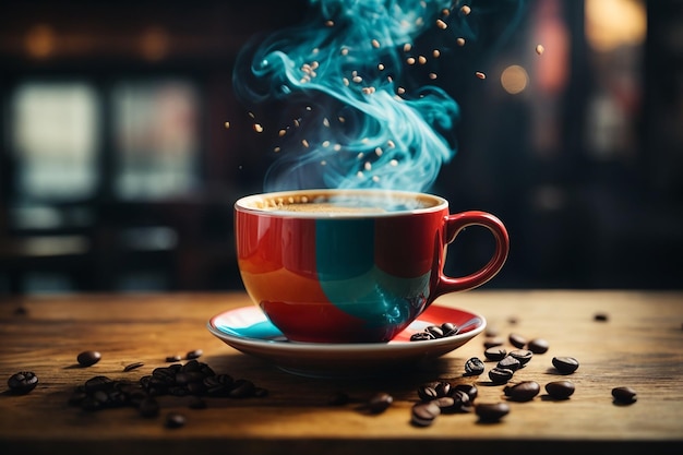 close up coffee cup on wooden table steam rising