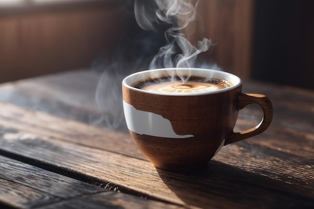 close up coffee cup on wooden table steam rising