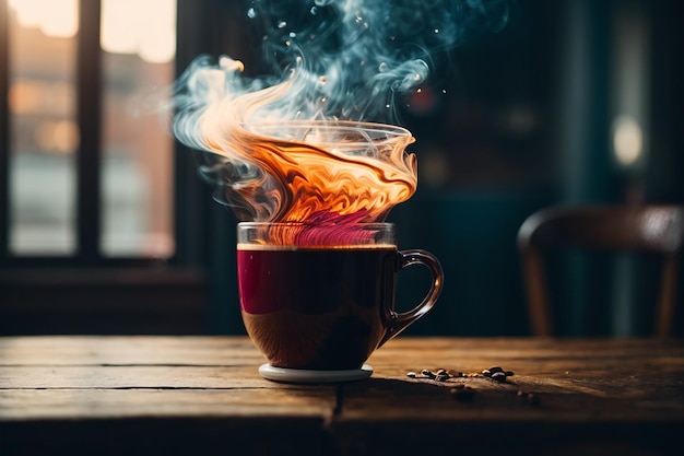 close up coffee cup on wooden table steam rising