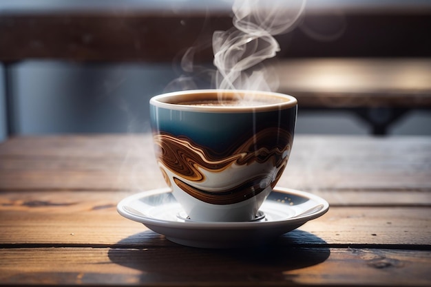 close up coffee cup on wooden table steam rising