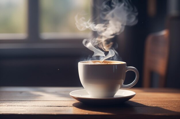 close up coffee cup on wooden table steam rising