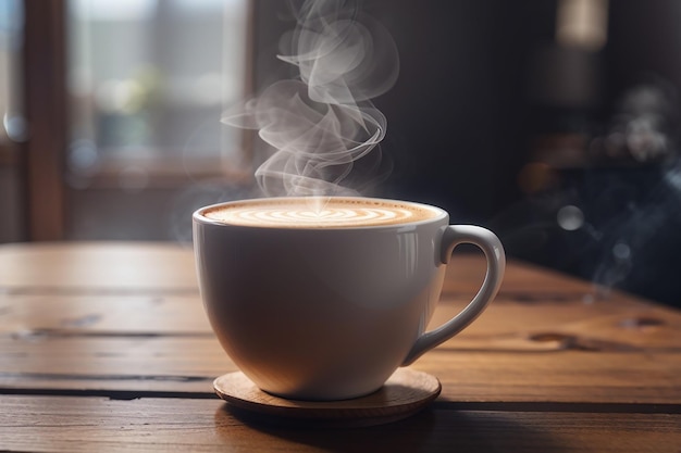 close up coffee cup on wooden table steam rising