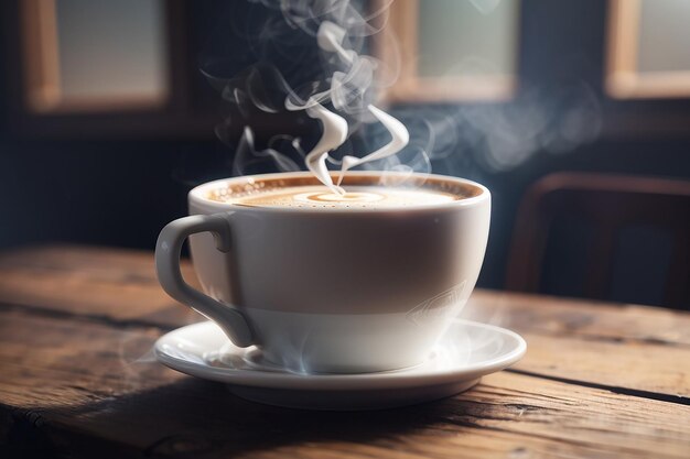 close up coffee cup on wooden table steam rising