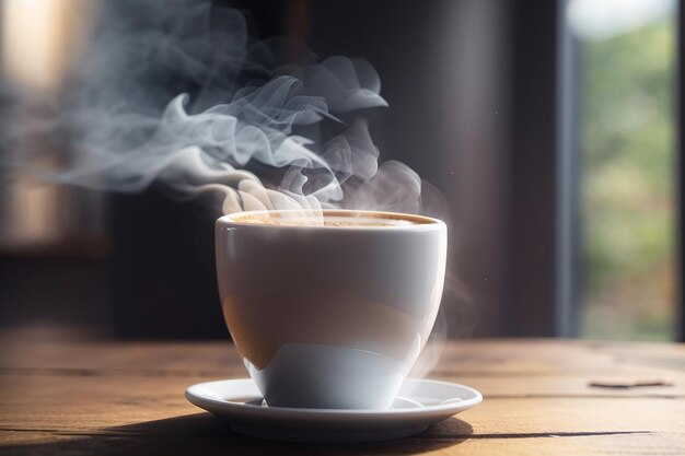 close up coffee cup on wooden table steam rising