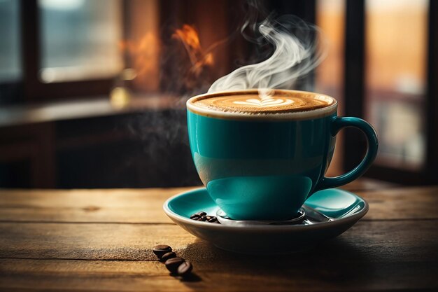 close up coffee cup on wooden table steam rising