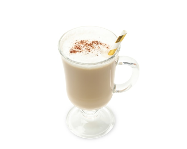 Close-up of a coffee latte on a bright background