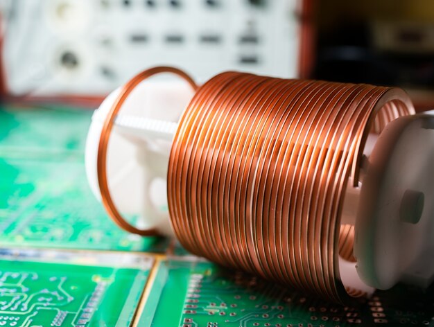 Close-up of a coil of copper wire