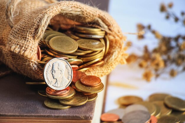 close-up of coins in sack on table