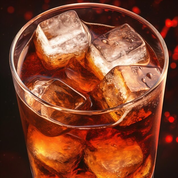 Close up of cola drink with ice cubes generative ai