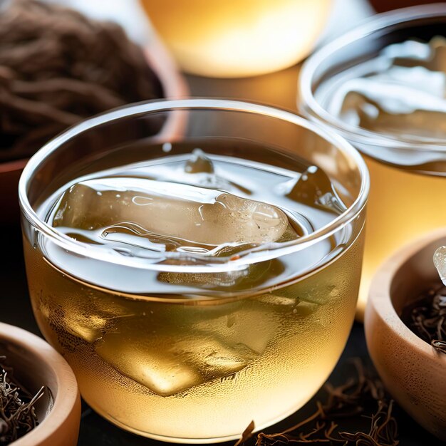 Close up of cold green japanese hojicha tea with ice in cups and dry tea in a bowl