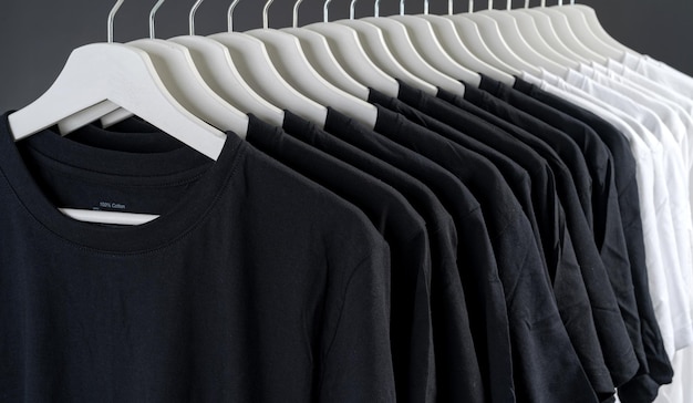 木製ハンガーに掛かっている黒と白のカラー t シャツのコレクションを閉じます