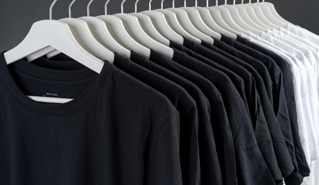 Close up collection of black and white color tshirt hanging on wooden clothes hanger