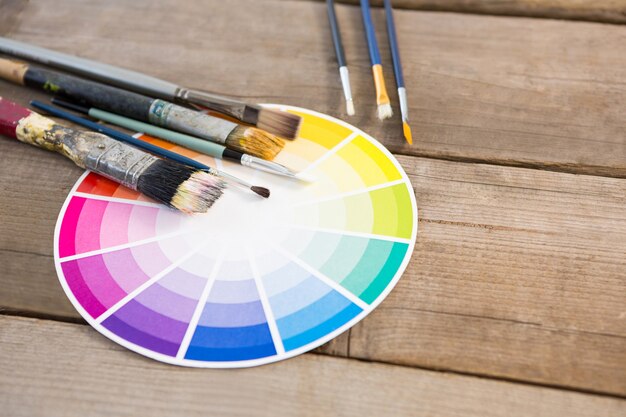 Close-up of color swatch and paintbrushes on wooden surface