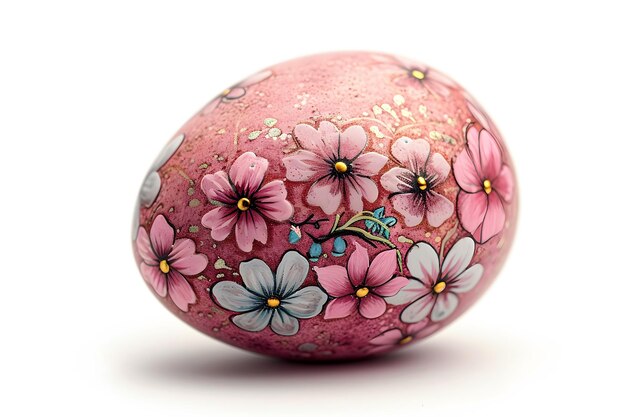 Close up of colored Easter egg with floral drawing isolated on white