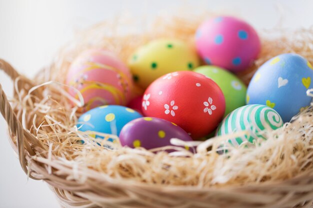 close up of colored easter eggs in basket